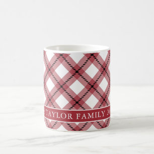 Red Argyle Plaid Farmhouse Family Name Coffee Mug