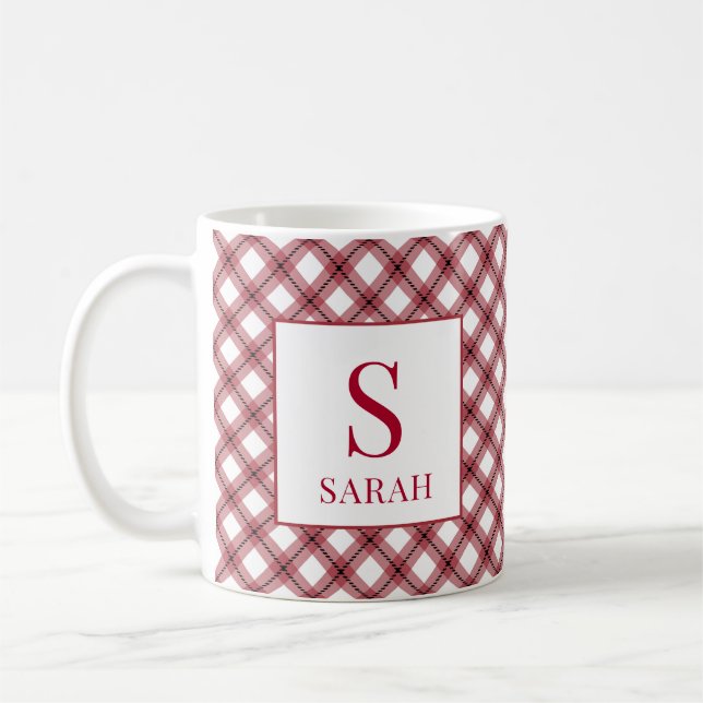 Red Argyle Plaid Monogram Name Coffee Mug (Left)