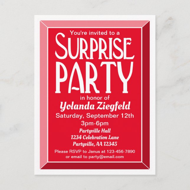 Red Art Deco Beveled Birthday Surprise Party Invitation Postcard (Front)