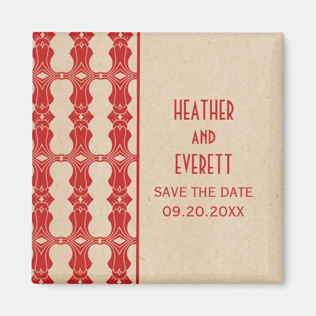 Red Art Deco Border Save the Date Magnet (Front)