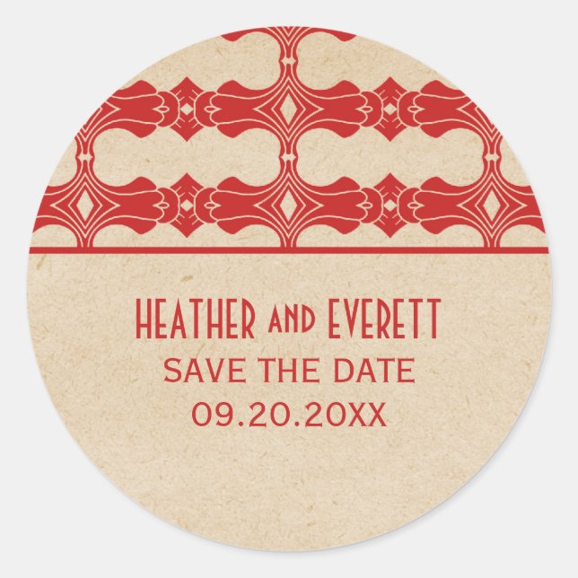 Red Art Deco Border Save the Date Stickers (Front)