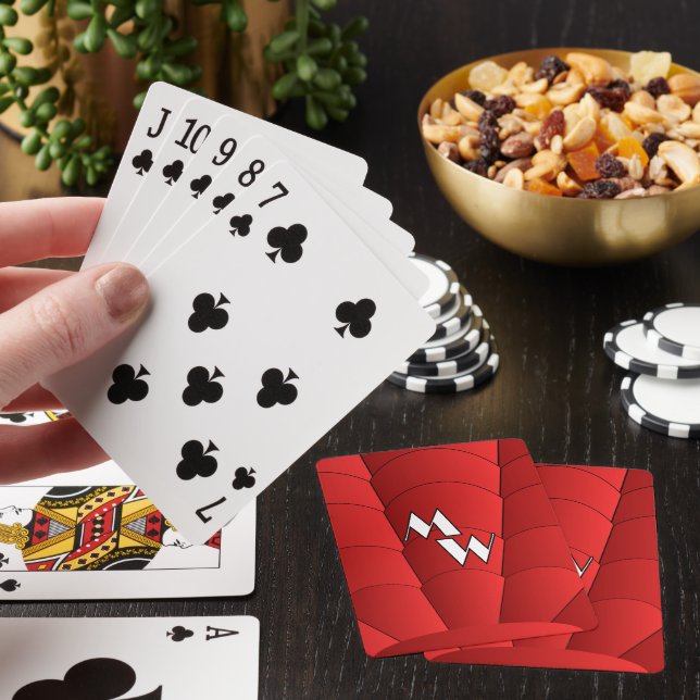 Red Art Deco Design Monogrammed Poker Cards (In Situ)