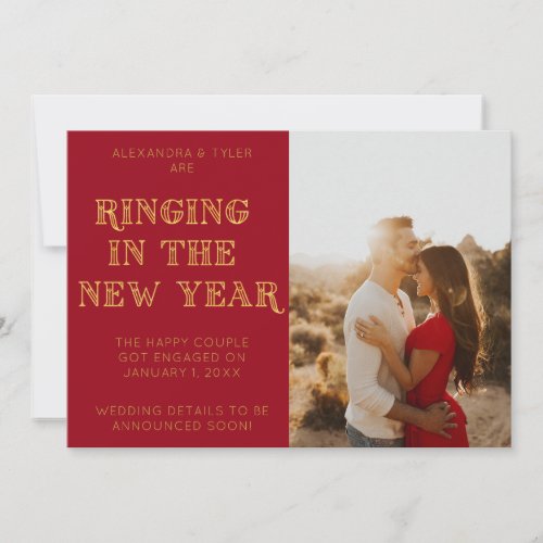 Red Art Deco Modern Photo New Year Engagement Announcement