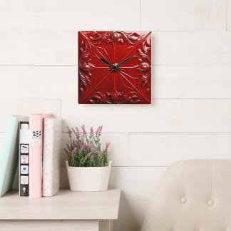 Red Art Deco  Square Wall Clock