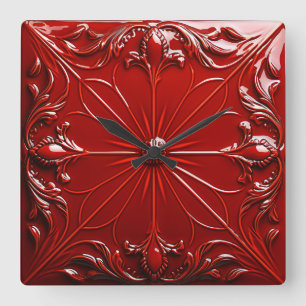 Red Art Deco  Square Wall Clock