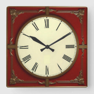 Red Art Deco Square Wall Clock
