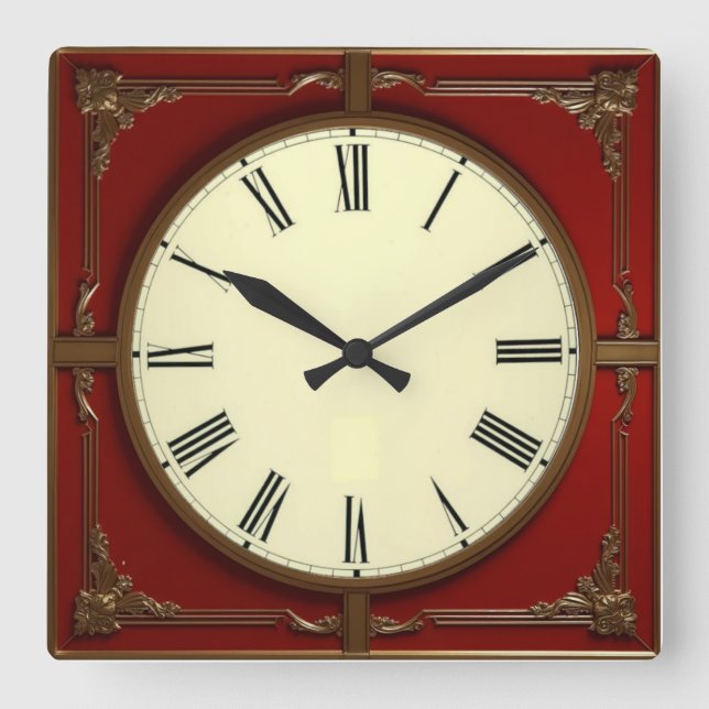 Red Art Deco Square Wall Clock (Front)
