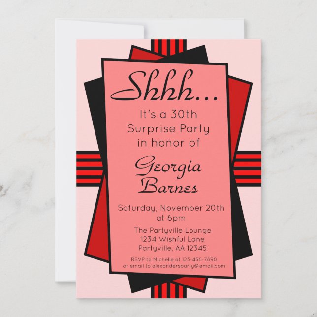 Red Art Deco Surprise Party Birthday Invitation (Front)