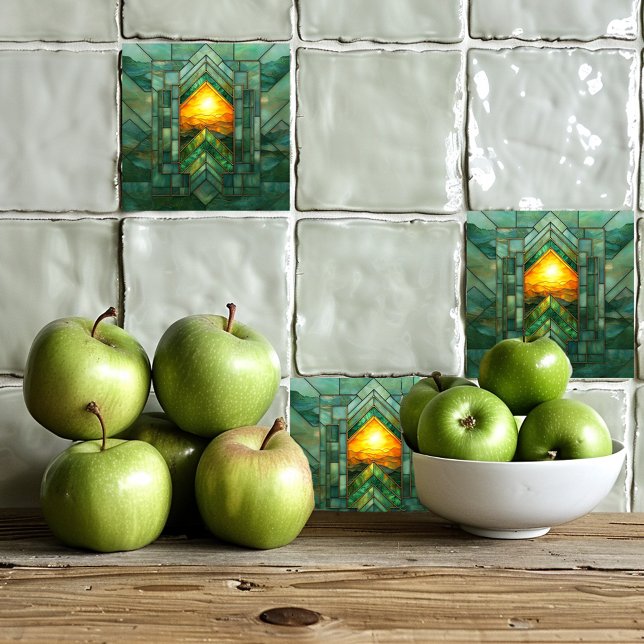 Red Art Deco Turquoise Green Gold Sun Ceramic Tile (Creator Uploaded)