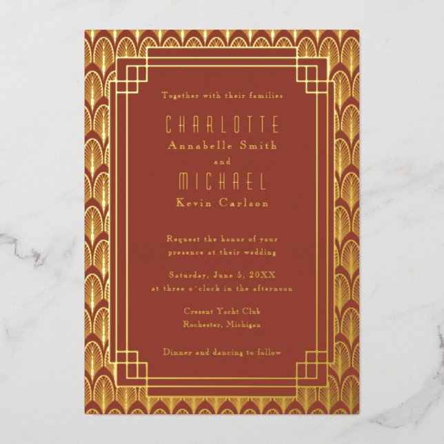 Red Art Deco Vintage gold Foil Invitation (Front)