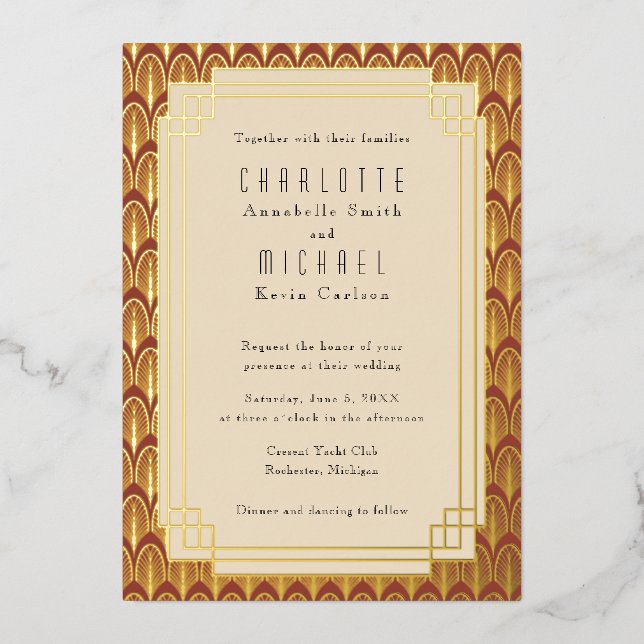 Red Art Deco Vintage gold Foil Invitation (Front)