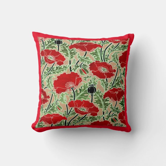 Red Art Nouveau Poppy Throw Pillow (Front)