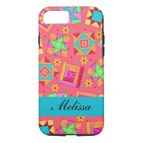 Red Art Patchwork Quilt Blocks Name Personalized iPhone 87 Case