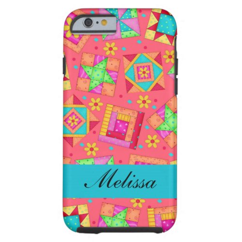 Red Art Patchwork Quilt Blocks Name Personalized Tough iPhone 6 Case