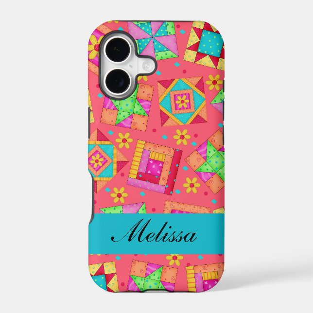 Red Art Patchwork Quilt Blocks Name Personalized Iphone Case (Back)