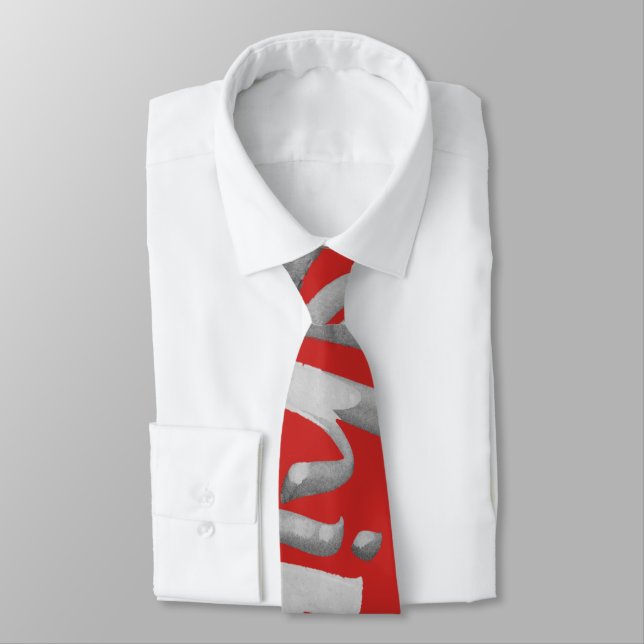Red Artistic Bold Lettering Zen Brush Calligraphy Neck Tie (Tied)
