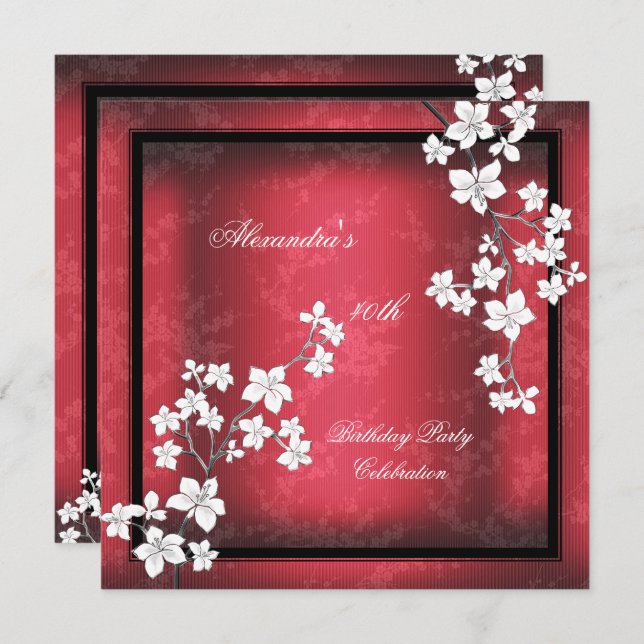 Red Asian Black Blossom White Birthday Party Invitation (Front/Back)