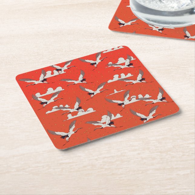 Red Asian Crane Pattern Square Paper Coaster (Angled)