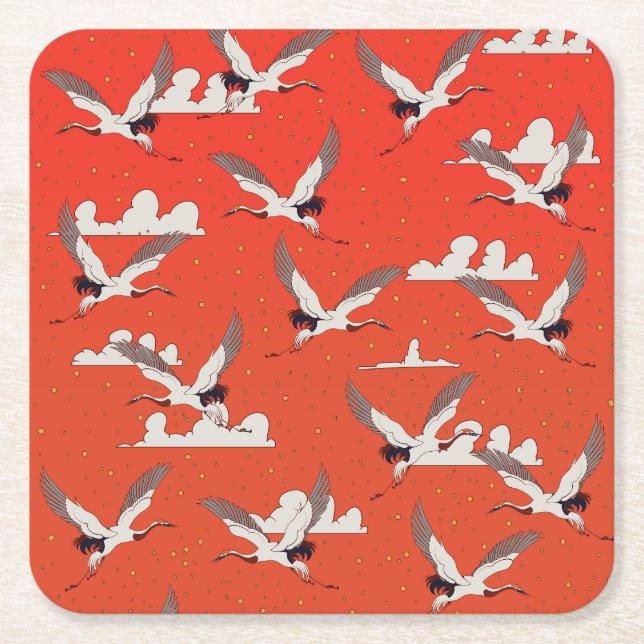 Red Asian Crane Pattern Square Paper Coaster (Front)