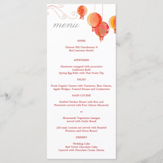 Red Asian Lanterns White Wedding Reception Menu Zazzle Com