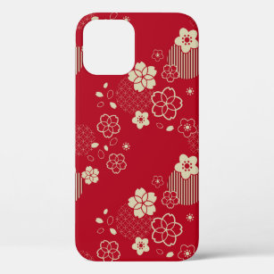 Red Asian pattern with spring flowers iPhone 12 Case