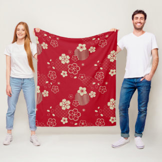 Red Asian pattern with spring flowers Fleece Blanket