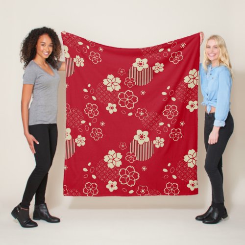 Red Asian pattern with spring flowers Fleece Blanket