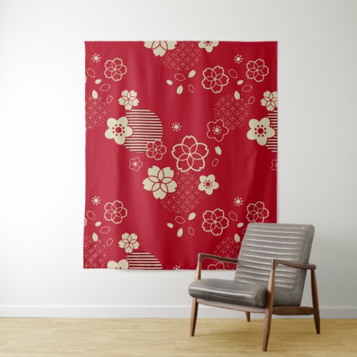 Red Asian pattern with spring flowers Tapestry