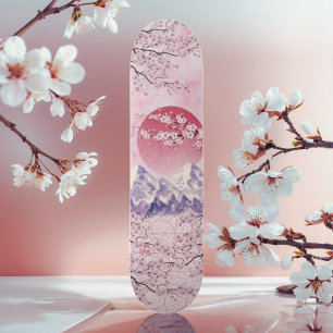 Red Asiatic Oriental Japanese Cherry Blossom Moon Skateboard