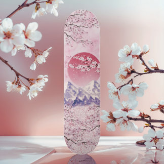 Red Asiatic Oriental Japanese Cherry Blossom Moon Skateboard