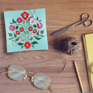 Red Astors Bouquet Hand Drawn Floral on Blue Trinket Tray