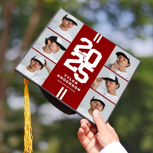 Red Athletic Grad Photo Collage Graduation Cap Topper (Creator Uploaded)