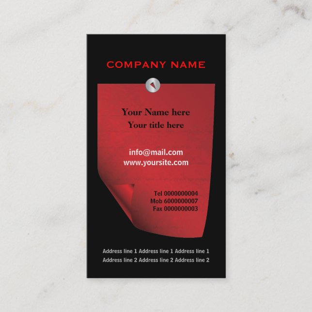 Red attached curlednote custom black business card (Front)