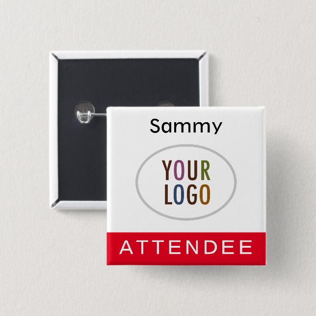 Red Attendee Name Badge with Logo Pinback Square Button (Front & Back)