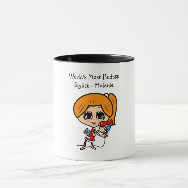 Red Auburn Hair Stylist Caricature Personalized Mug (Center)