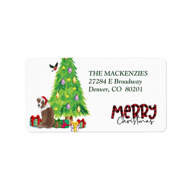 Red Aussie Dog Christmas Tree Return Address Label (Front)