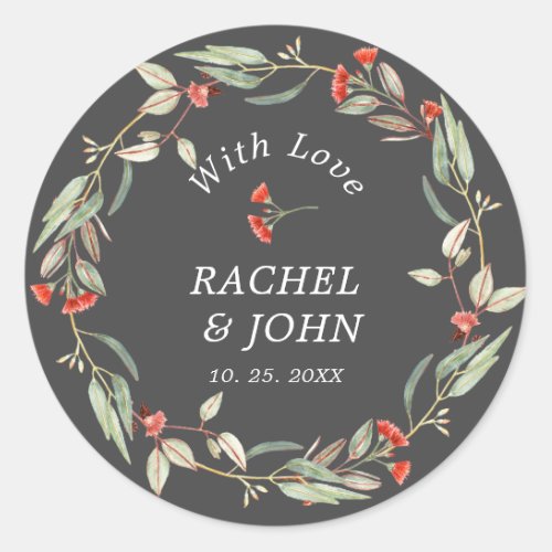 Red Australian Floral Wreath With Love Gray Classic Round Sticker