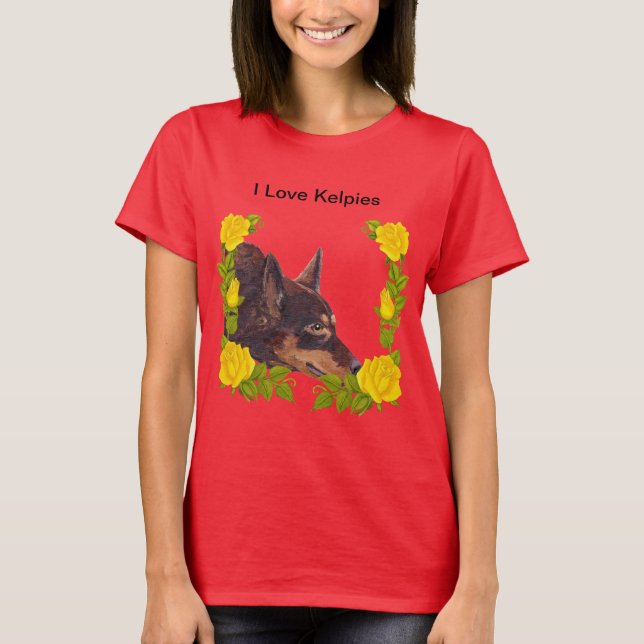 Red Australian Kelpie on Yellow Roses T-Shirt (Front)