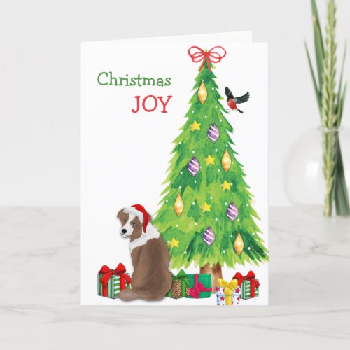 Red Australian Shepherd and Christmas Tree Holiday Card