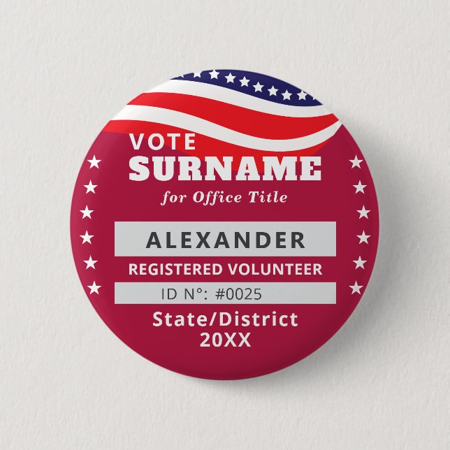 RED Authorized Volunteer 2026 Election Campaign ID Button (Front)