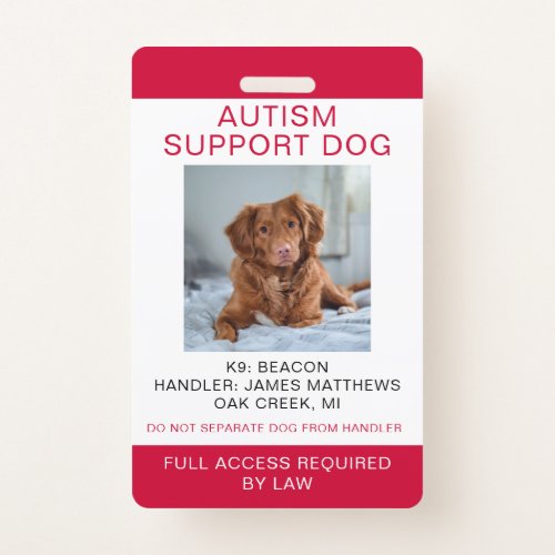 Red Autism Support Dog Photo Badge