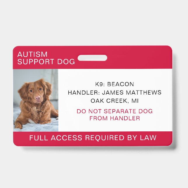 Red Autism Support Dog Photo Badge (Front)