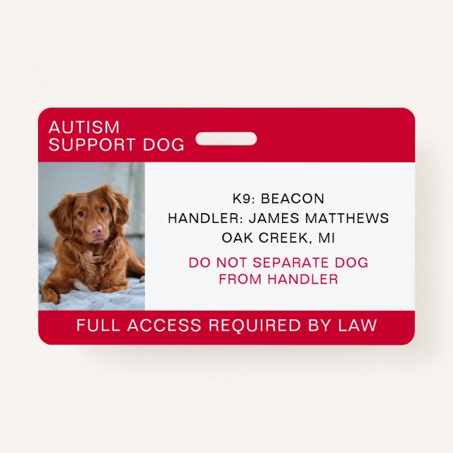 Red Autism Support Dog Photo Badge (Front)