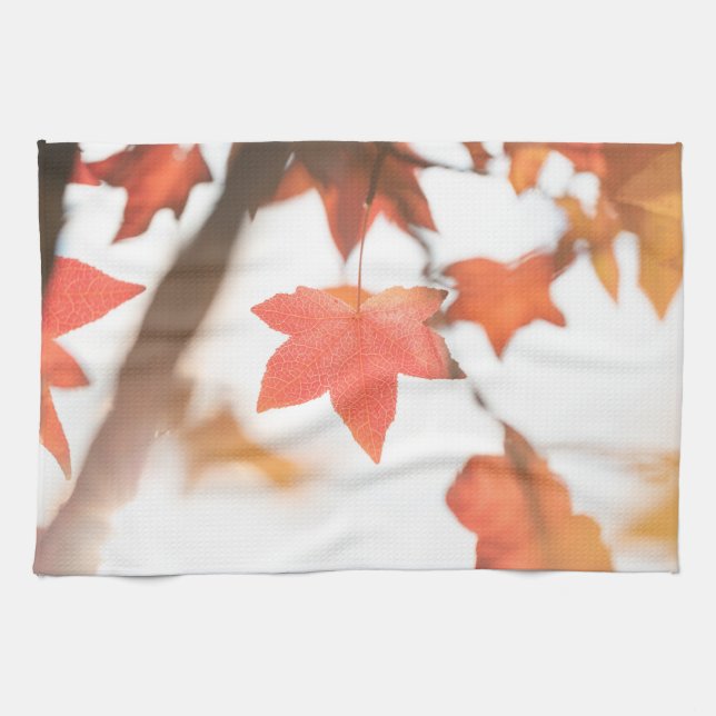 Red Autumn Leaf Nature Photo Kitchen Towel (Horizontal)