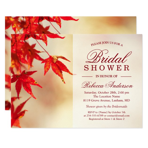 Red Autumn Leaves Elegant Chic Fall Bridal Shower Invitation