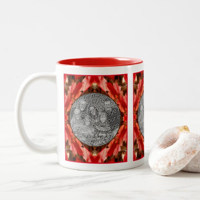 Red Autumn Leaves Nature Frame Add Your Photo Two-Tone Coffee Mug (With Donut)