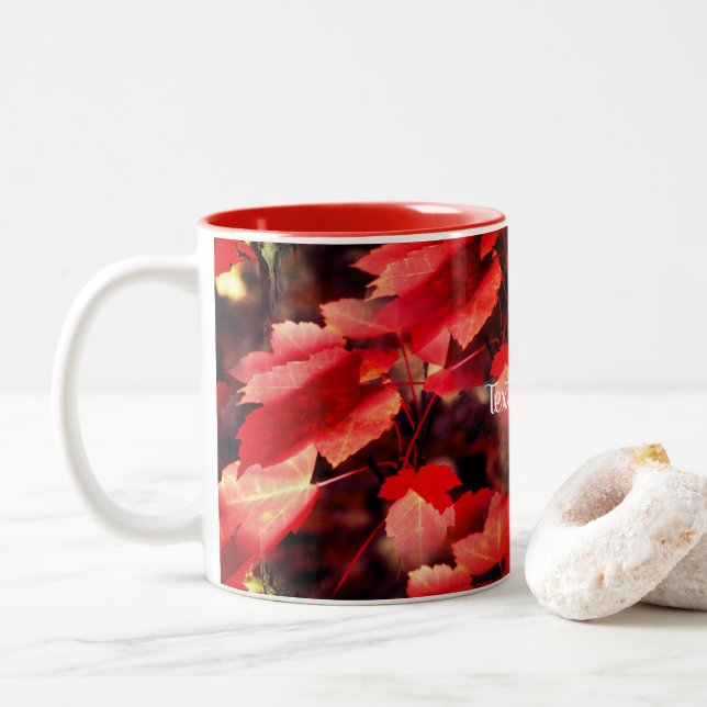 Red Autumn Leaves Nature Personalized Two-Tone Coffee Mug (With Donut)