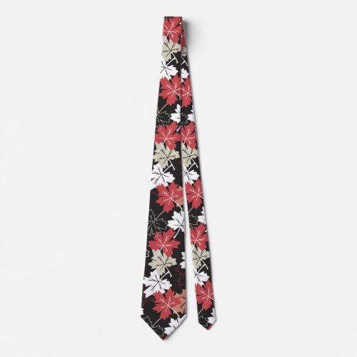 Red Autumn Leaves Pattern Black Neck Tie