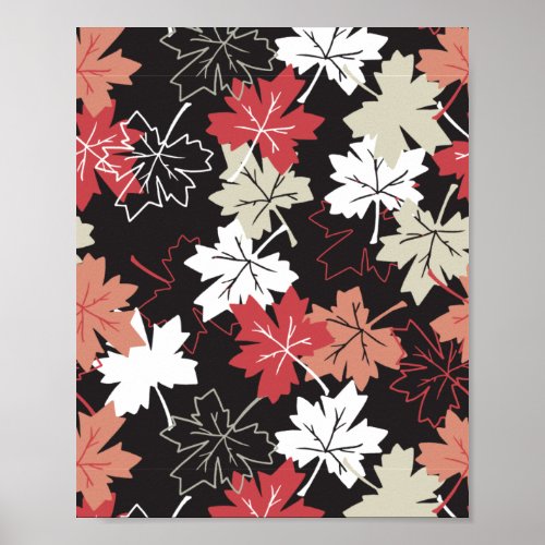 Red Autumn Leaves Pattern Black Poster