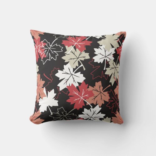 Red Autumn Leaves Pattern Black Throw Pillow